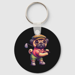 Schattige Pug Speelt Golf Golfer Golfen Sport Mann Sleutelhanger