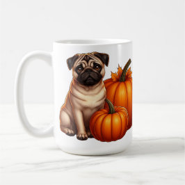 Schattige Pug Zit Naast Pompoenen en Bladeren Koffiemok