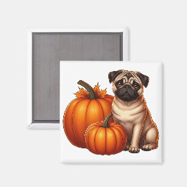 Schattige Pug Zit Naast Pompoenen en Bladeren Magneet