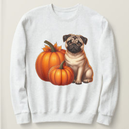 Schattige Pug Zit Naast Pompoenen Met Herfst Trui