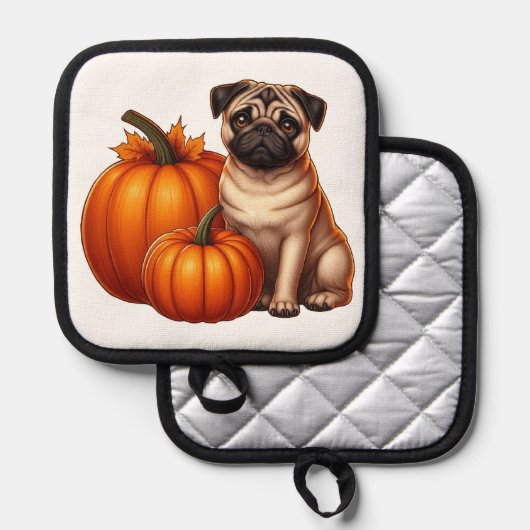 Schattige Pug Zittend Naast Pompoenen En Bladeren Pannenlap (Voorkant / Achterkant)