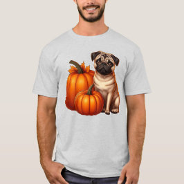 Schattige Pug Zittend Naast Pompoenen Met Bladeren T-shirt