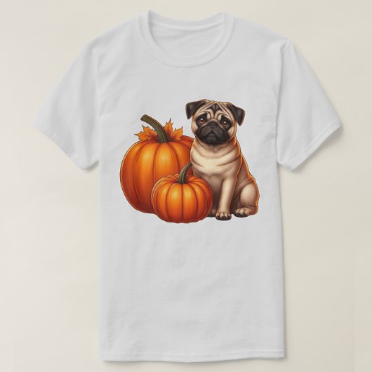 Schattige Pug Zittend Naast Pompoenen Met Bladeren T-shirt (Design voorkant)