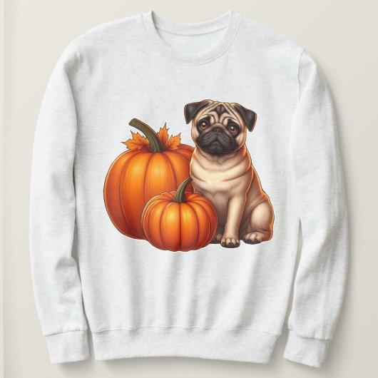 Schattige Pug Zittend Naast Pompoenen Met Herfst Trui (Design voorkant)