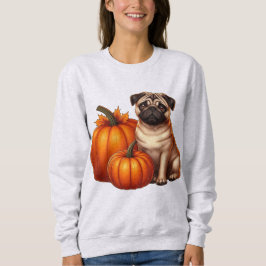 Schattige Pug Zittend Naast Pompoenen Met Herfst Trui