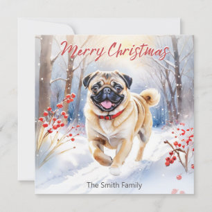 Schattige Pugin hond in sneeuw aquarel Prettig ker Feestdagenkaart