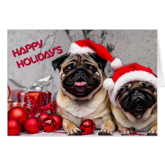 Schattige Pugs Happy Holiday's Fun Pet Dog Groet (Voorkant Horizontaal)