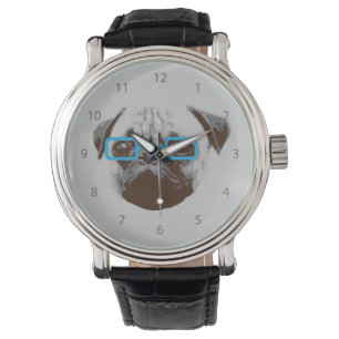 Schattige Pugs-Hipster met Blauwe Bril Horloge