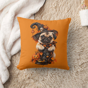 Schattige Pugsheppende Halloween Pompoen Kussen
