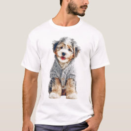 Schattige Pup in een Gezellig Grijs Gebreid Trui T-shirt