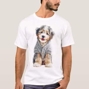 Schattige Pup in een Gezellig Grijs Gebreid Trui T-shirt