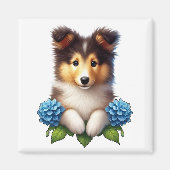 Schattige pup met blauwe bloemen magneet (Voorkant)