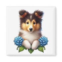 Schattige pup met blauwe bloemen