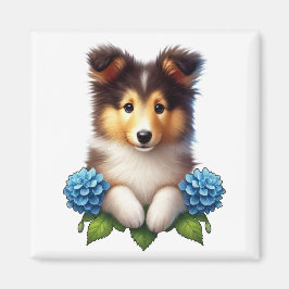 Schattige pup met blauwe bloemen magneet