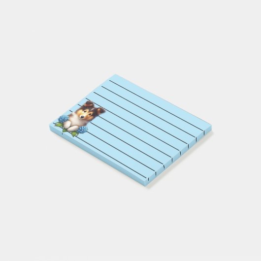 Schattige pup met blauwe bloemen post-it® notes (Schuin)