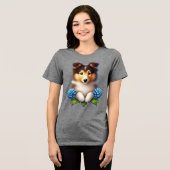 Schattige pup met blauwe bloemen Tri-Blend shirt (Voorkant volledig)