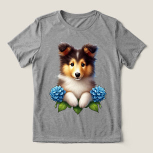 Schattige pup met blauwe bloemen Tri-Blend shirt