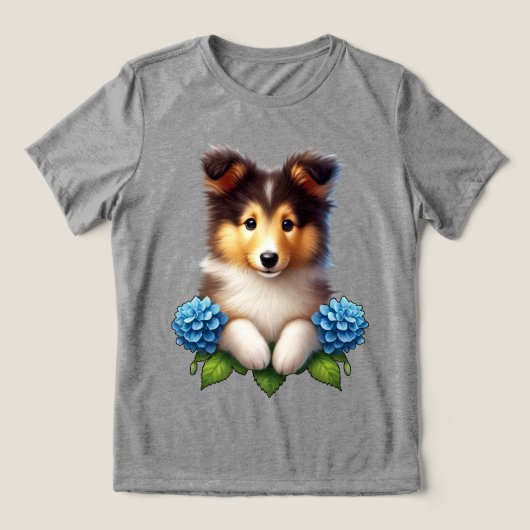 Schattige pup met blauwe bloemen Tri-Blend shirt (Design voorkant)