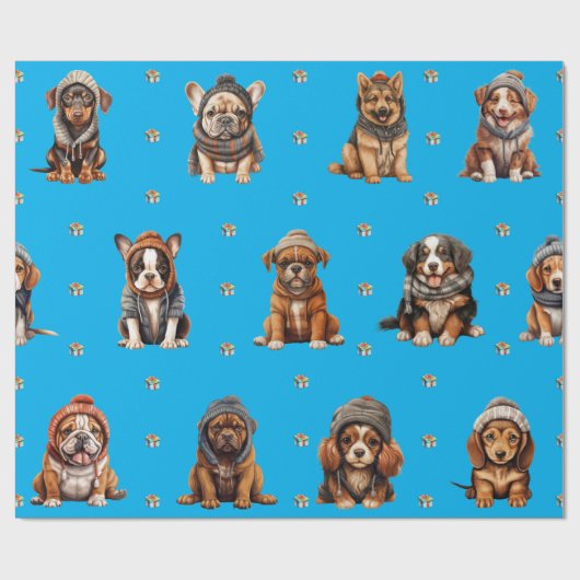 Schattige Puppies 1 kerstvakantie op Blue Cadeaupapier (Vlak)