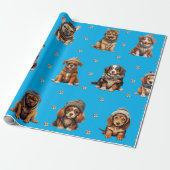 Schattige Puppies 1 kerstvakantie op Blue Cadeaupapier (Uitgerold)