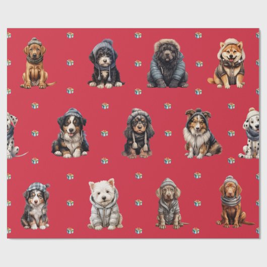 Schattige Puppies 4 kerstvakantie op rood Cadeaupapier (Vlak)
