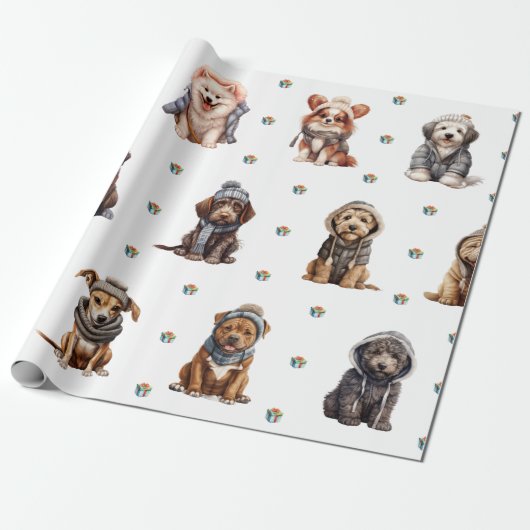 Schattige Puppies 6 Kerstvakantie op Wit Cadeaupapier (Uitgerold)
