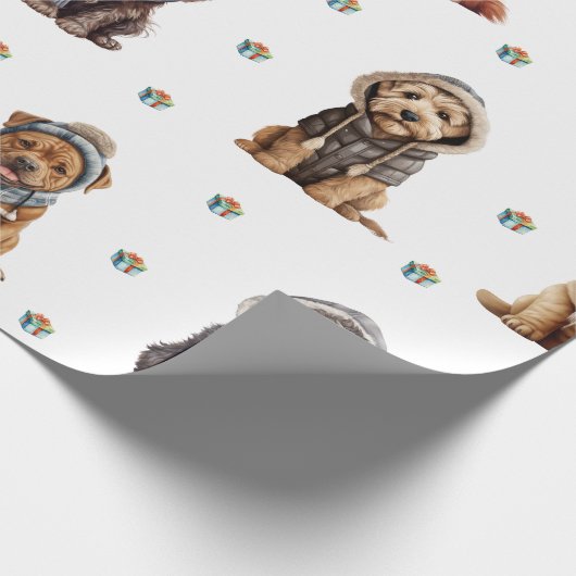 Schattige Puppies 6 Kerstvakantie op Wit Cadeaupapier (Hoek)