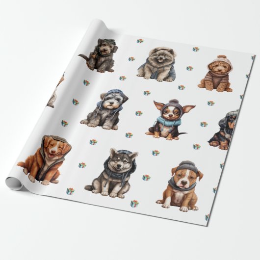 Schattige Puppies 8 kerstvakantie op wit Cadeaupapier (Uitgerold)