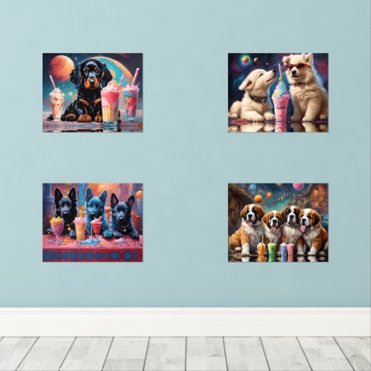 Schattige Puppies die Buitengewone Milkshakes drin Muurkunst Sets (Houten vloer)