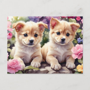 Schattige Puppies in de Bloementuin Aquarel  Briefkaart