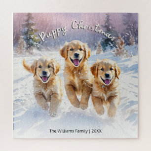Schattige Puppies In Sneeuw Aangepaste Tekst Prett Legpuzzel