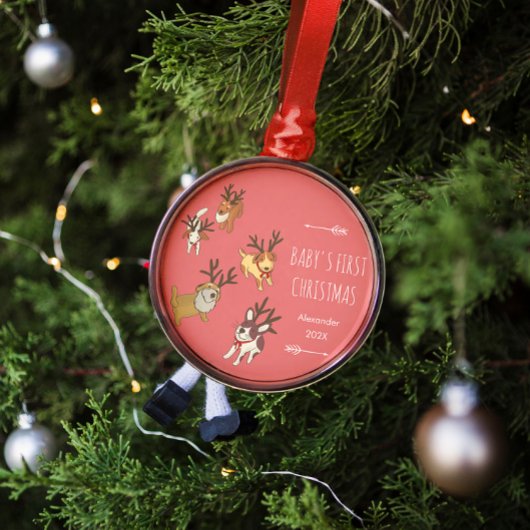 Schattige Puppies Rendier Baby's Eerste Kerstmis Metalen Ornament