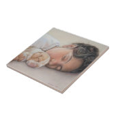 schattige puppy beagle die een slapend kind en een tegeltje (Zijkant)