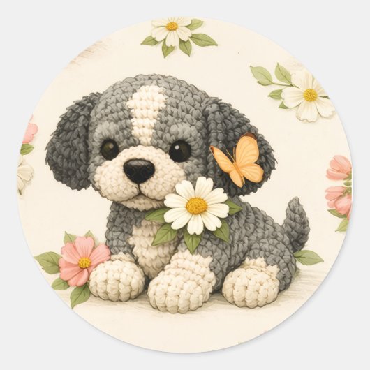 Schattige Puppy Bloem Vlinder Sticker – Whimsisch (Voorkant)