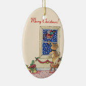 schattige puppy die naar santa zwaait in de sneeuw keramisch ornament (Rechts)