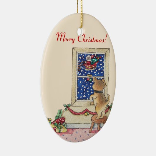 schattige puppy die naar santa zwaait in de sneeuw keramisch ornament (Rechts)