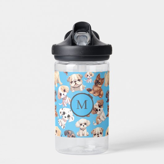 Schattige Puppy Dog Blauw Monogram Waterfles (Voorkant)