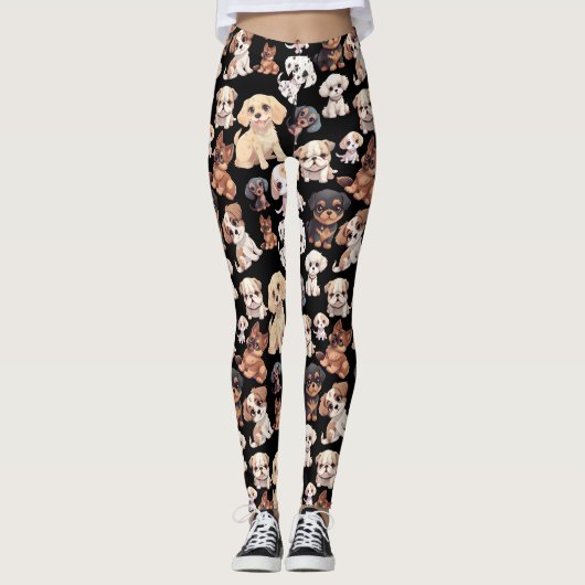 Schattige Puppy Dog Pattern Zwart Leggings (Voorkant)