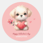 Schattige Puppy Dog Rood Hart RozeHappy Valentijns Ronde Sticker (Voorkant)