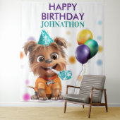 Schattige Puppy Dog Verjaardagsfeestje Achtergrond Wandkleed (In situ)