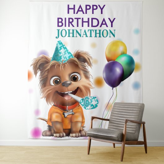 Schattige Puppy Dog Verjaardagsfeestje Achtergrond Wandkleed (In situ)
