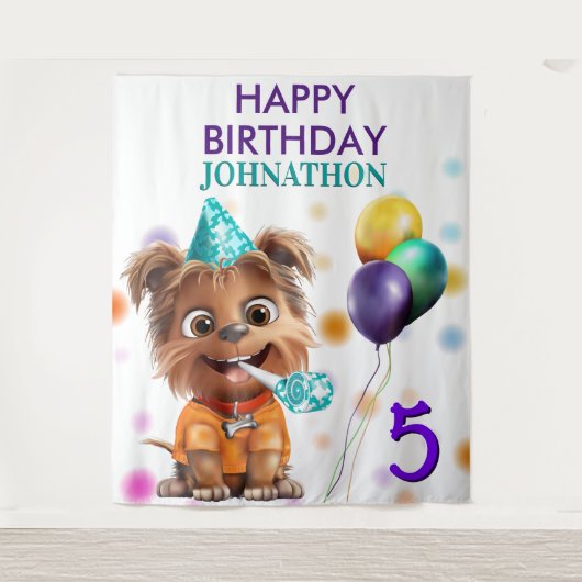 Schattige Puppy Dog Verjaardagsfeestje Achtergrond Wandkleed (Voorkant)