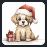 Schattige Puppy Dragen een Santa Hat Christmas Vierkante Sticker<br><div class="desc">Schattige Puppy Dragen van een Santa Hat Christmas Square Sticker</div>