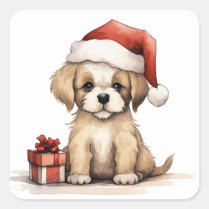 Schattige Puppy Dragen een Santa Hat Christmas Vierkante Sticker
