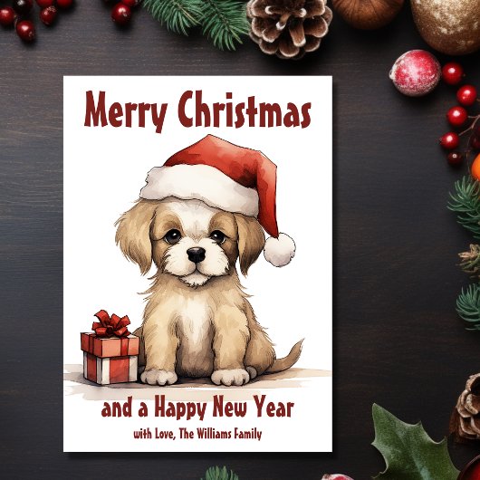 Schattige Puppy Dragen een Santa Hat Dog Christmas Feestdagenkaart