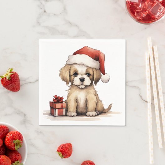Schattige Puppy Dragen een Santa Hat Dog Christmas Servet (Insitu)