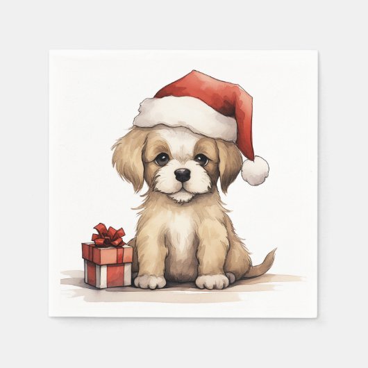 Schattige Puppy Dragen een Santa Hat Dog Christmas Servet (Voorkant)