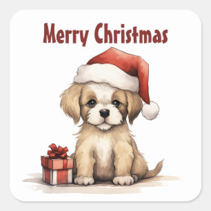 Schattige Puppy Dragen een Santa Hat Vrolijk Kerst Vierkante Sticker
