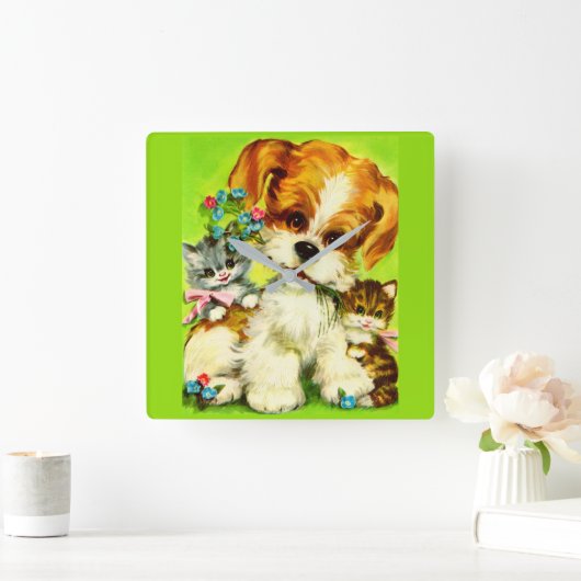 schattige puppy- en glimlachkeukens vierkante klok (Huis)