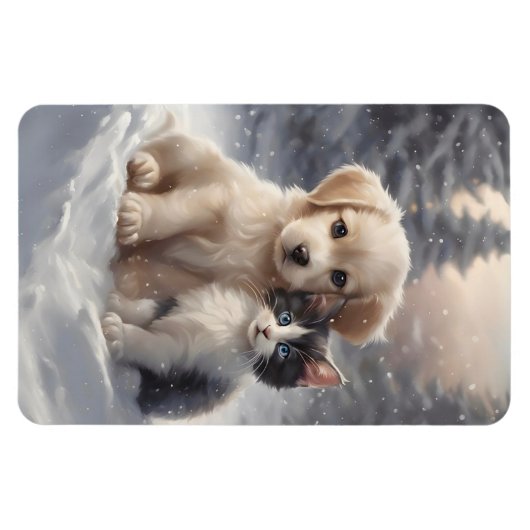 Schattige Puppy en Kitten in Sneeuwkoelkast Magneet (Horizontaal)